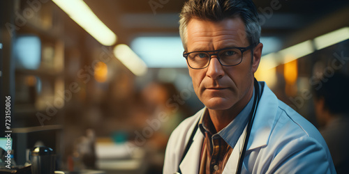 Middle aged male doctor with stethoscope at college