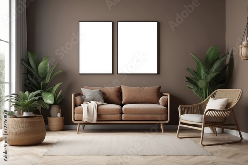 Modern composition of living room interior with brown mock up poster frame, design retro commode, sofa, bookstand, rattan basket with plant and elegant accessories