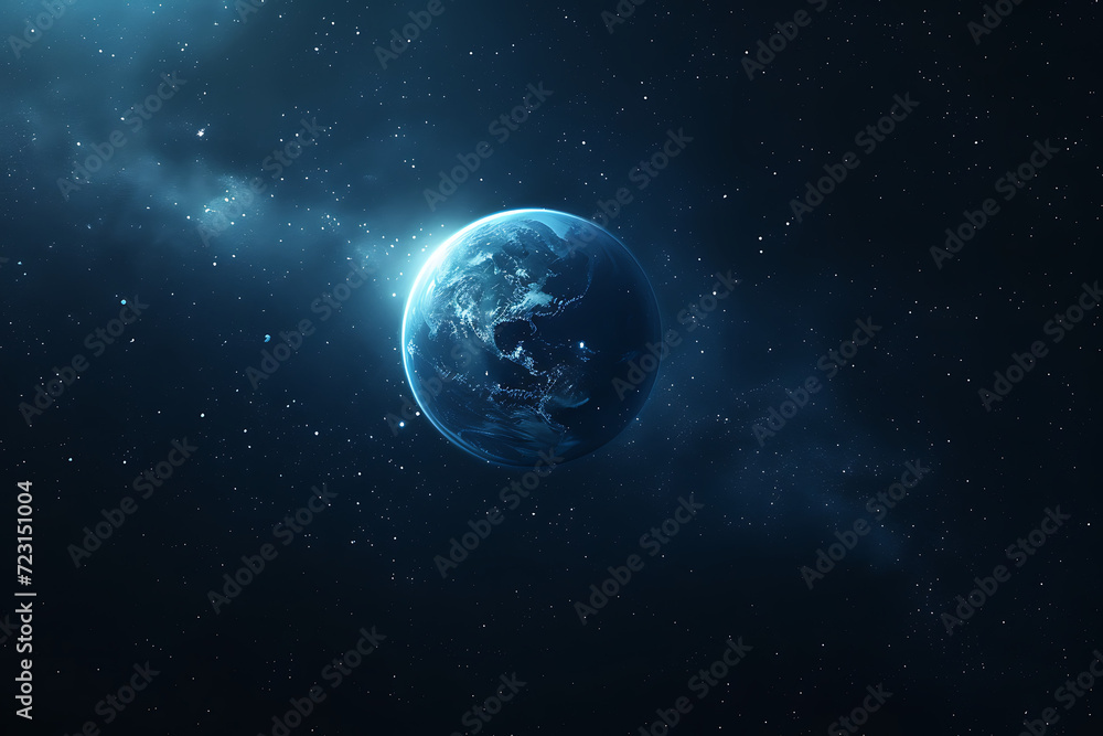 a blue planet in space with bright stars in