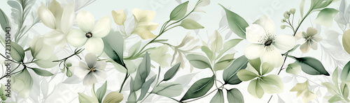 Delicate clean watercolor with spring flowers in green tones.