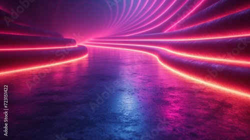 Abstract tunnel neon lights background violet curves motion effect digital illustration 