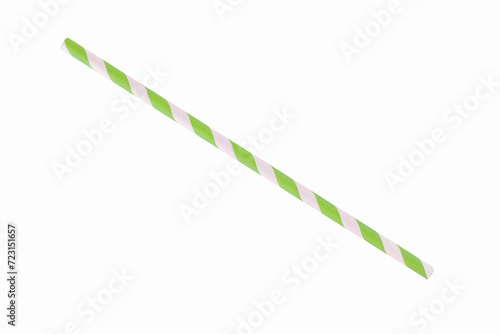 Green striped paper straw isolated on white background