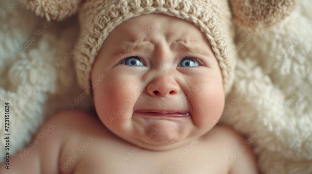 little cute baby crying in a knitted white cap, lies on a terry blanket little cute baby crying in a knitted white cap, lies on a terry blanket