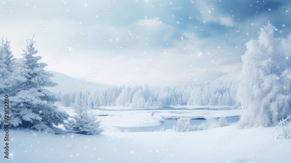 View of frozen lake during snowy winter. Landscape background wallpaper.