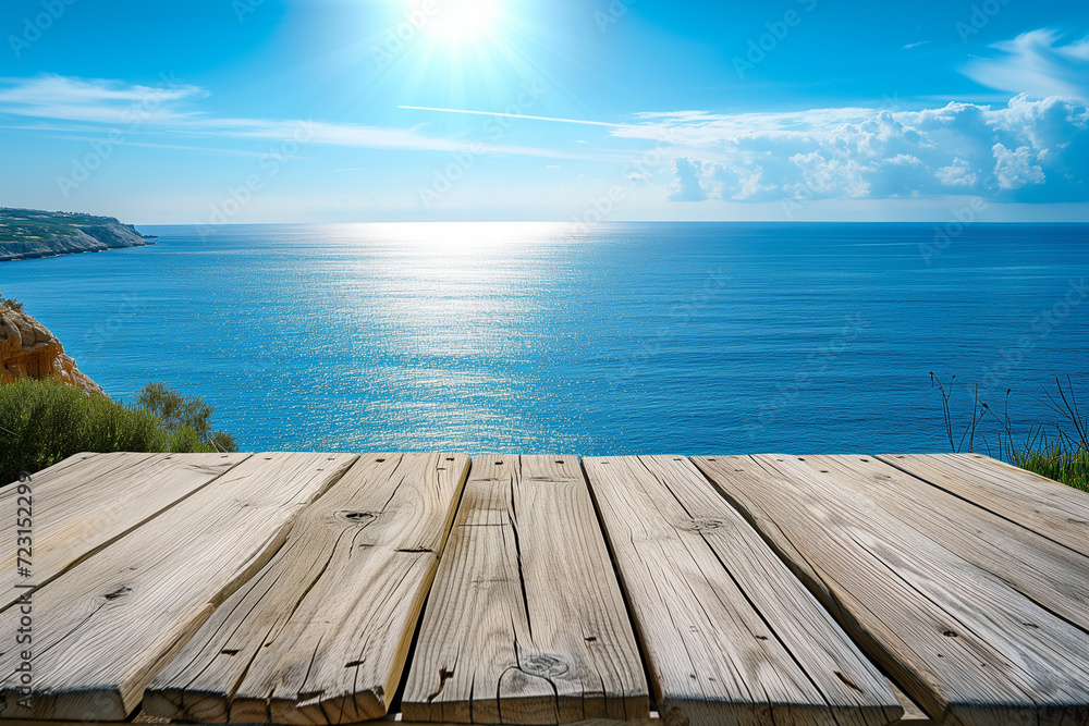 Wooden Tabletop With Ocean Backdrop Wooden Tabletop With Ocean Backdrop