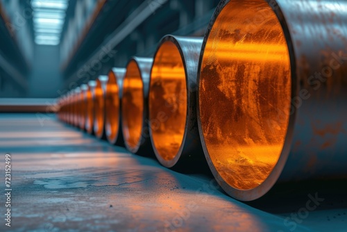 industry, Visuals of the application of rust-resistant coatings on steel pipes, emphasizing longevity and protection against environmental elements