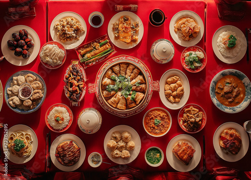 Top view a filled with chinese food on a red table. Traditional Chinese lunar New Year dinner table