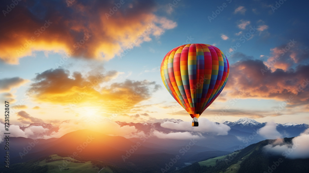 Fototapeta premium illustration of a hot air balloon over a mountains on sunset. Created with Generative AI