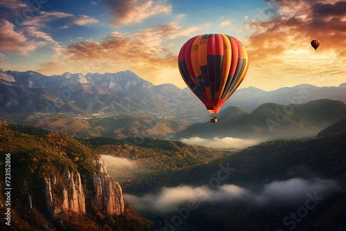 Fototapete illustration of a hot air balloon over a mountains on sunset