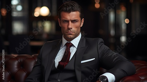 Portrait of a handsome man in a suit sitting on a leather sofa