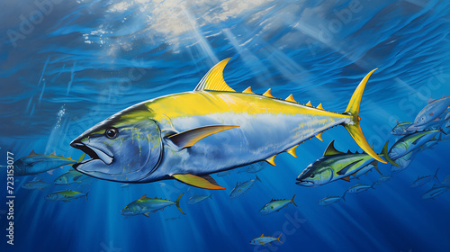 Yellowfin tuna swim gracefully in the deep blue sea, their vibrant yellow fins slicing through the water with precision photo