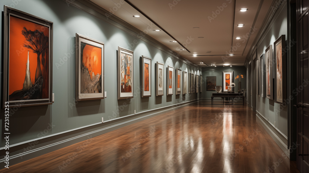 A gallery-style hallway with recessed lighting