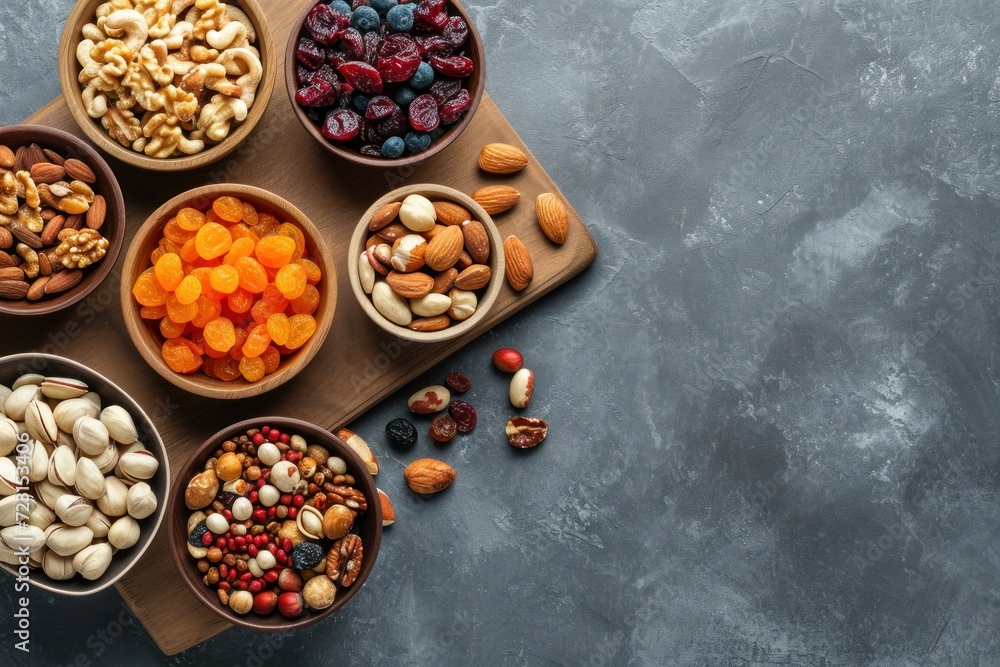 Dried fruits and nuts arranged on a gray background with bowls