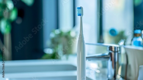 Photography of a plastic blue and white orthodontic toothbrush product or instrument placed on a bathroom sink, everyday equipment oral hygiene and dental health, teeth care and wellness accessories