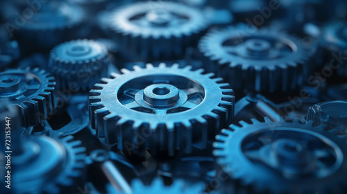 close up view of a gears, Blue gears technology background, hi-tech digital technology and engineering on blue color background