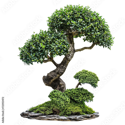 Decorative niwaki bonsai tree on a white background. Garden bonsai niwaki with green leaves. Decorative trimming and pruning of trees and shrubs