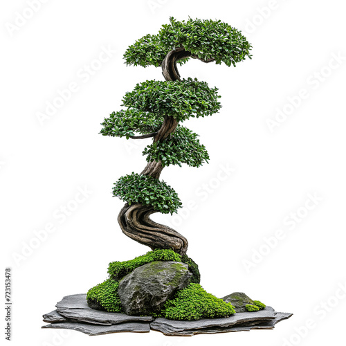 Decorative niwaki bonsai tree on a white background. Garden bonsai niwaki with green leaves. Decorative trimming and pruning of trees and shrubs
