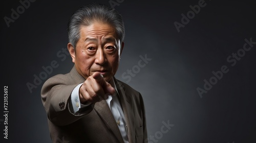 asian senior business man pointing to the camera isolated on black background photo
