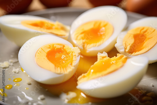 Boiled eggs cut in halves on a plate, with vibrant yellow yolks and soft whites, ready to eat