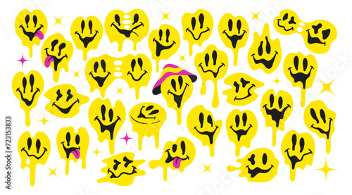 Groovy Melting Smiling Faces. Psychedelic Distorted Emojis. Trippy Acid Rave Style Quirky Cartoon Urban Graffiti In 70s