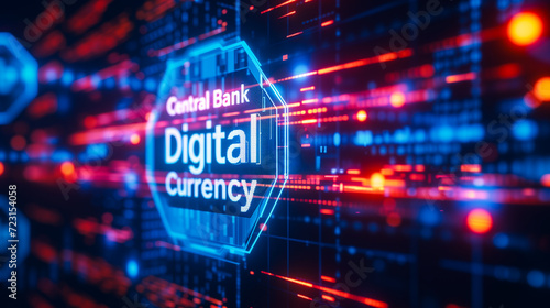 Central Bank Digital Currency CBDC concept. The text glows with a bright blue neon hue and surrounded with Intricate patterns of glowing lines, resembling circuitry or a complex digital network.