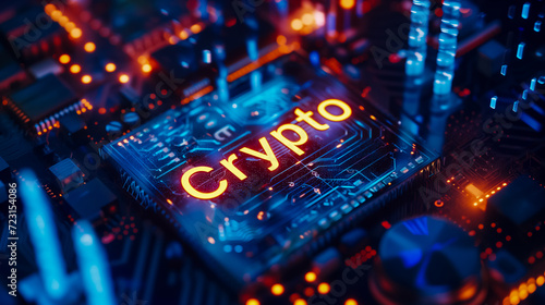 A complex circuit board with the word Crypto illuminated in yellow-red and surrounded by a blue glow. Advanced technology and cryptocurrency concept background.