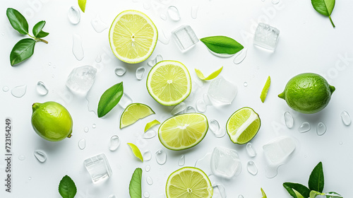 Limes and ice cubes  surrounded by green leaves on a white wet surface. Essence of a cool  refreshing experience. 