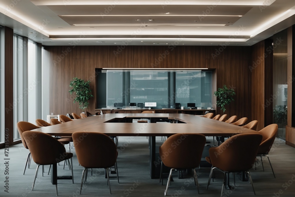 Modern meeting room with conference table and chairs, gray slat wall with empty billboard and built-in wooden cabinet Modern meeting room with conference table and chairs, gray slat wall with empty billboard and built-in wooden cabinet