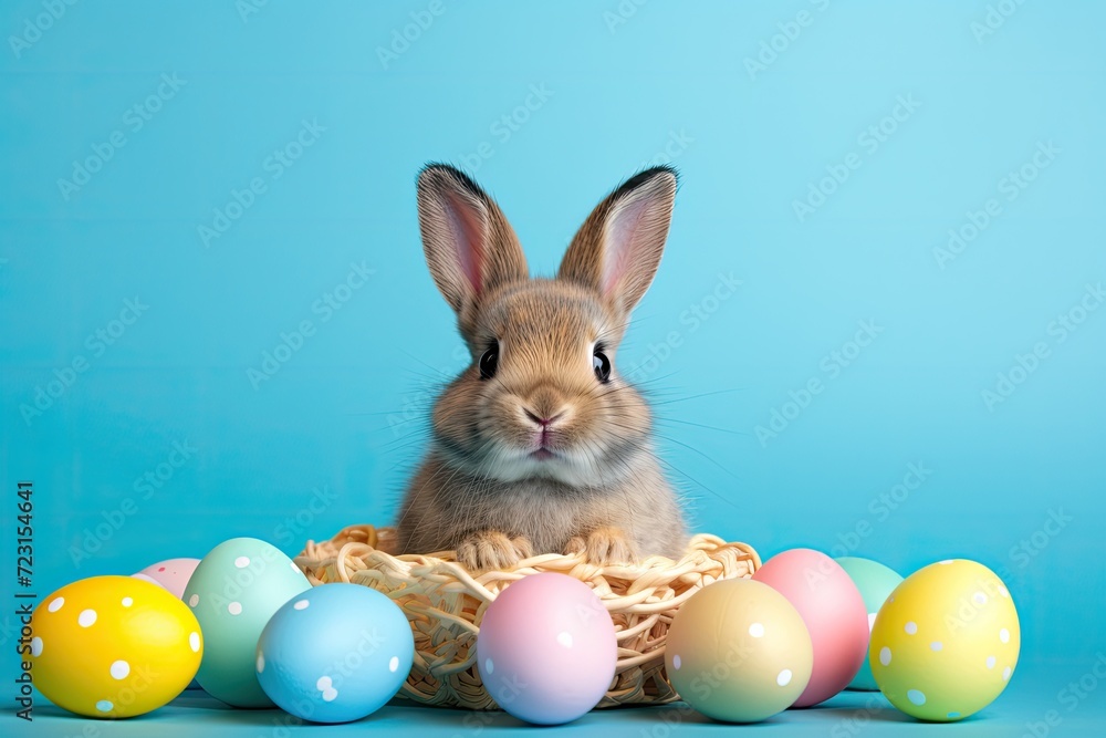 cute easter bunny in basket with colorful eggs holiday design cute easter bunny in basket with colorful eggs holiday design