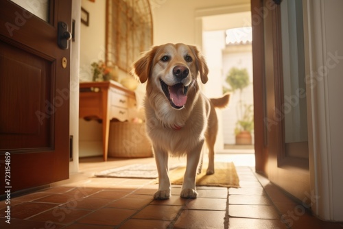 happy dog in front of door at home