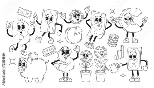 Funky Business Retro Cartoon Characters, Outline Monochrome Vector Icons Set. Money Flower, Pie Chart, Piggy Bank