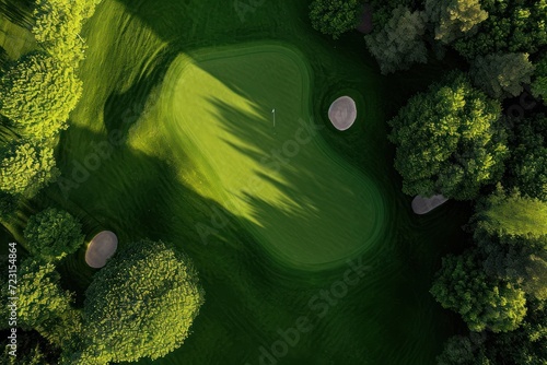 Bird s eye perspective of grass and trees on a golf course photo