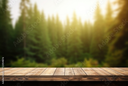 Beautiful blurred boreal forest background view with empty rustic wooden table for mockup product display. Picnic table with customizable space on table-top for editing. Flawless  © Nognapas