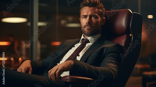 Portrait of a handsome businessman sitting in an armchair in the office.