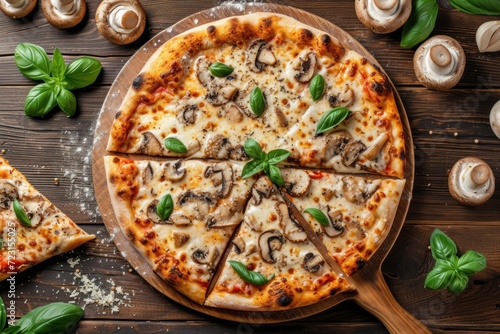 Italian pizza with charred edges on wooden background topped with white truffles mushrooms and basil leaves Close up of sliced pizza