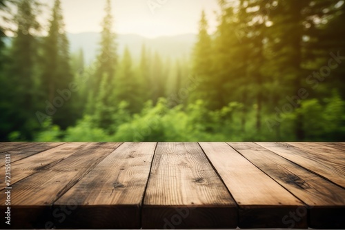 Beautiful blurred boreal forest background view with empty rustic wooden table for mockup product display. Picnic table with customizable space on table-top for editing. Flawless 