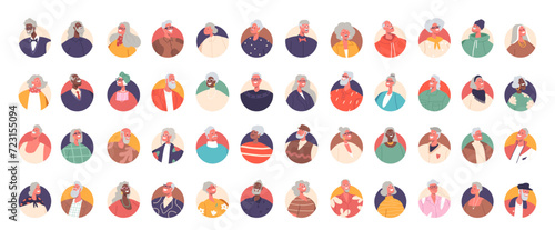 Joyful Collection Of Senior People Avatars Radiating Happiness And Contentment. Old Characters Vector Illustration