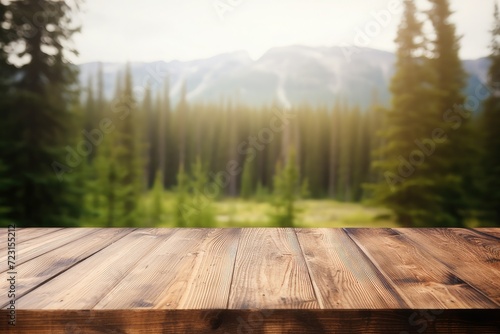 Beautiful blurred boreal forest background view with empty rustic wooden table for mockup product display. Picnic table with customizable space on table-top for editing. Flawless 