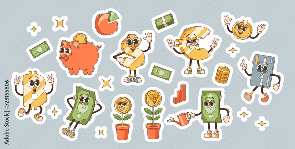 Funky Business Retro Cartoon Characters Stickers Set. Money Flower, Piggy Bank and Credit Card, Euro, Dollar or Bitcoin
