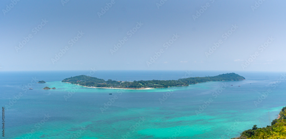 Koh Lipe island High aerial overview , tropical sea of Thailand, sunny weather, background for relaxing vacation, island of Andman, Tarutao National Marine Park