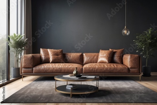 modern living room with leather couch