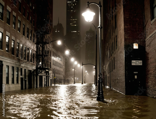 Urban Flood in New York City - Streetlights and Warning Signs Submerged in Rising Water Levels Gen AI photo