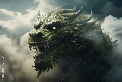 Enchanting Sight. Majestic Green Chinese Dragon Soaring Serenely through the Billowy White Clouds © Emvats