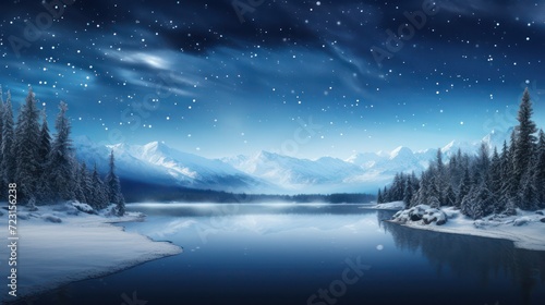 View of frozen lake during snowy winter at night. Landscape background wallpaper.