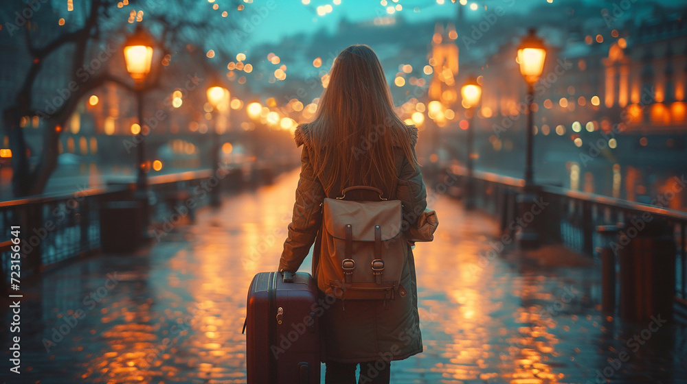 Back view of a travaler person arrive to a city at night with their suitcase