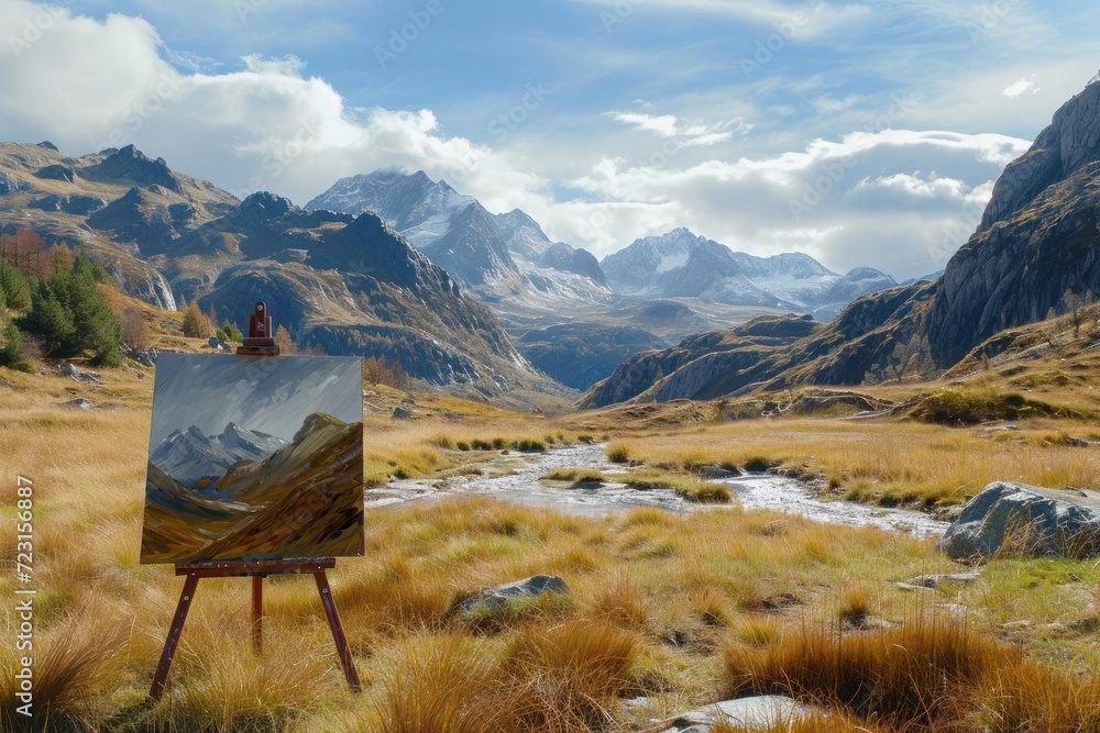 Mountain scenery featuring an easel