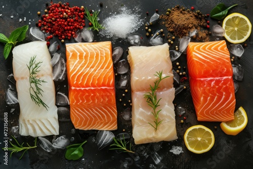Assorted fresh fillet fish collage including white fish pangasius red salmon and trout steak garnished with ice and spices View from above photo