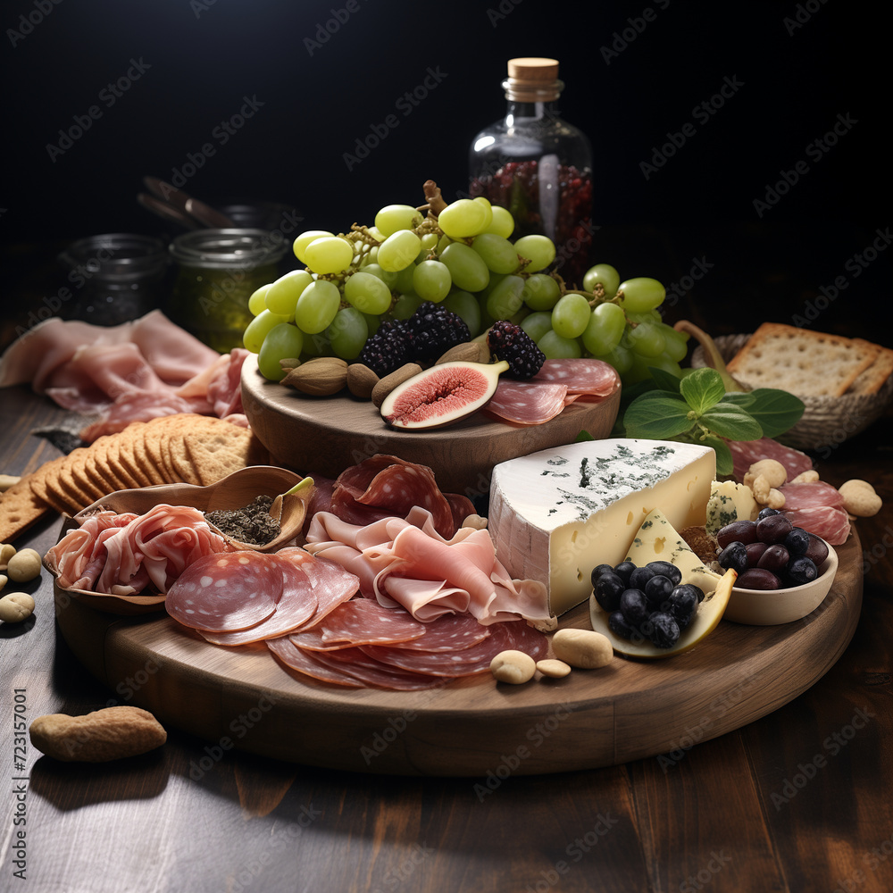 Charcuterie Board, created for for gourmets, filled with exquisite cheeses, jamon, salami, olives green and black, grapes, pistachio, walnut kernels, salted crackers Charcuterie Board, created for for gourmets, filled with exquisite cheeses, jamon, salami, olives green and black, grapes, pistachio, walnut kernels, salted crackers