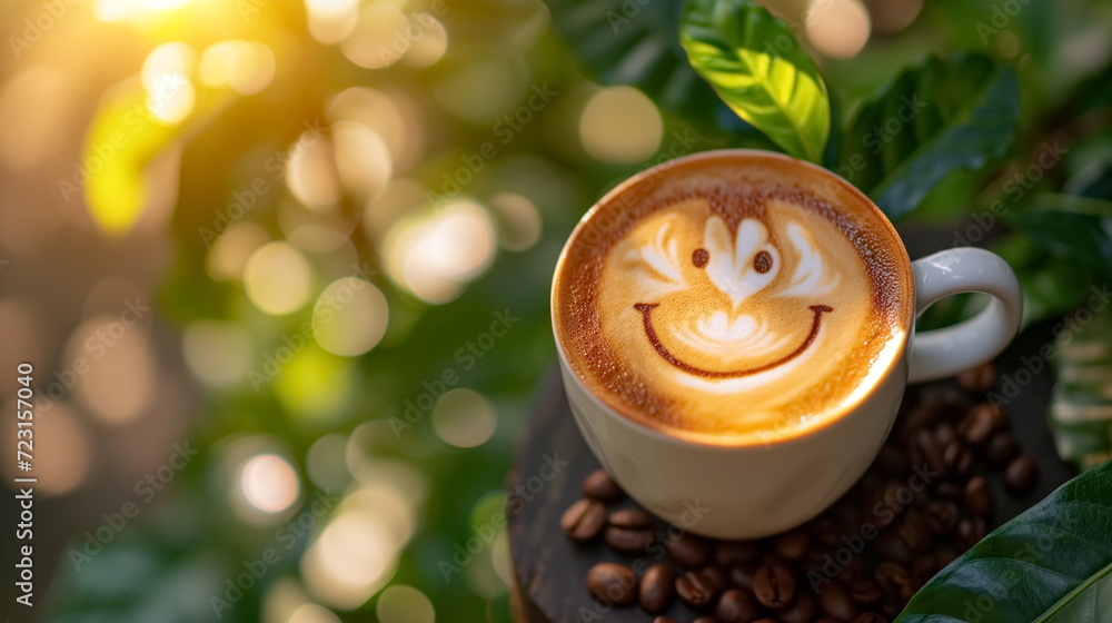 Cup of latte with smiling latte art coffee, hot coffee, Cappuccino art, woodtable background. coffee bean. green leaf. Generated AI Cup of latte with smiling latte art coffee, hot coffee, Cappuccino art, woodtable background. coffee bean. green leaf. Generated AI