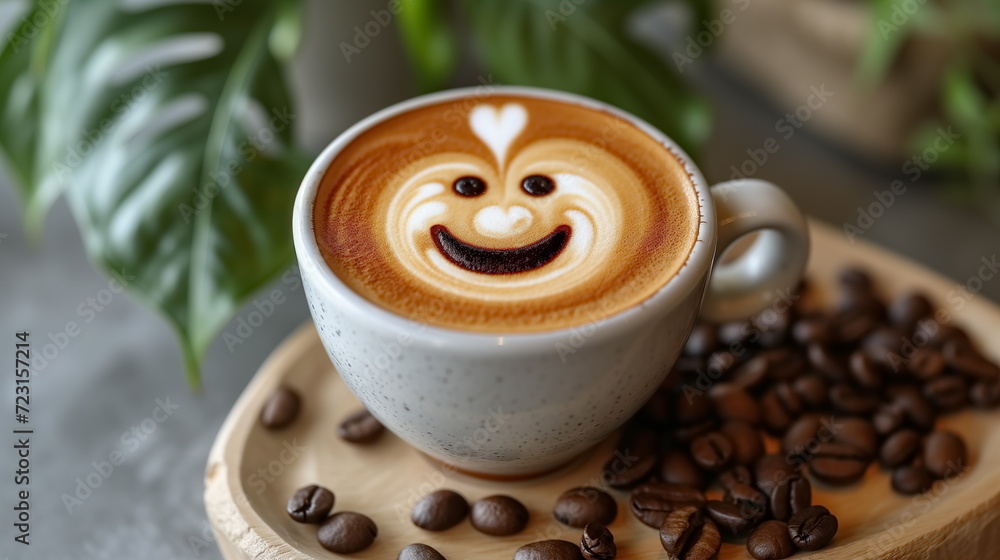 Cup of latte with smiling latte art coffee, hot coffee, Cappuccino art, woodtable background. coffee bean. green leaf. Generated AI